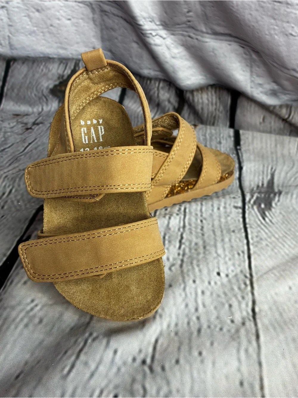 5/$20 Baby Gap Minimalist Tan Baby Cork Hook and‎ Loop Strap Sandals Size 12-18M